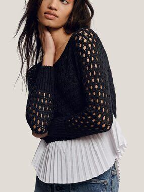 Anthropologie Maeve Layered Pleated Sweater Long Sleeve Black Small